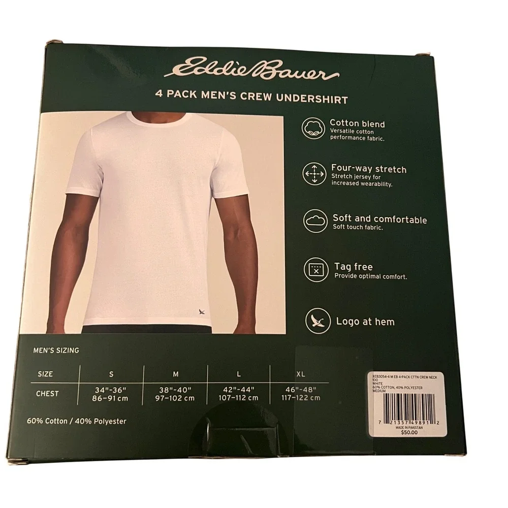 NEW Eddie Bauer Mens 4 Pack Crew Undershirt White Cotton Blend Stretch Medium